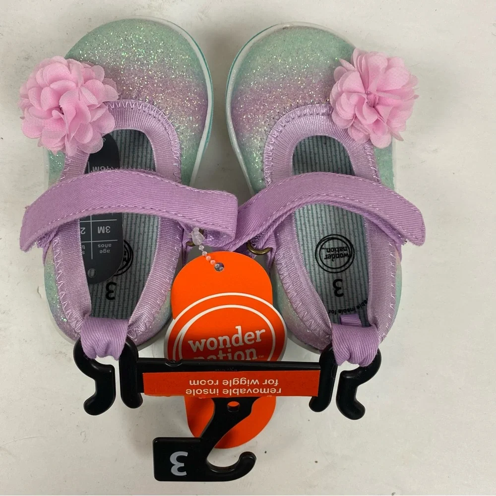 Wonder Nation Sparkle Glitter MaryJane Shoes Flower Purple Pink size 3 NWT